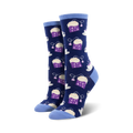 Pair of women's crew socks. Navy blue background with purple tea bags and cups. Stars and moon details on tea bags.