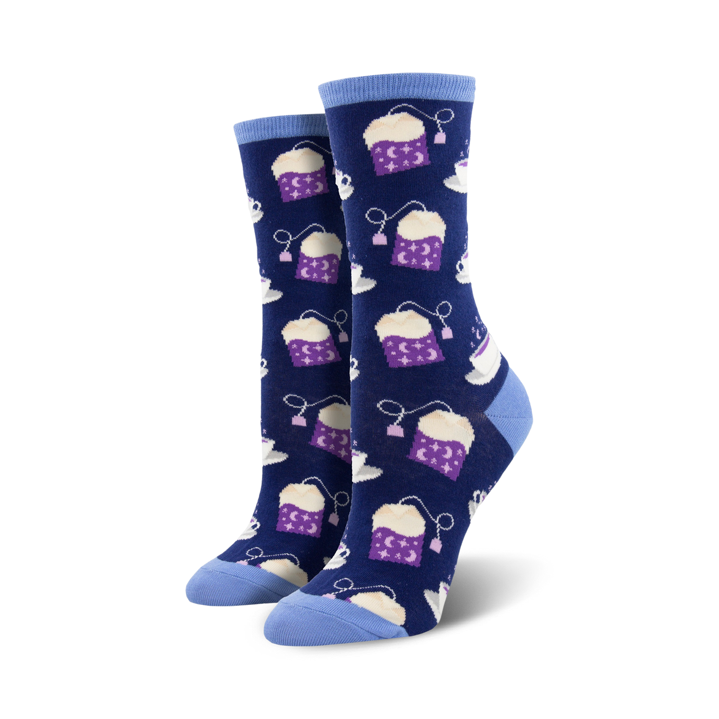 Pair of women's crew socks. Navy blue background with purple tea bags and cups. Stars and moon details on tea bags.