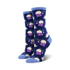 Pair of women's crew socks. Navy blue background with purple tea bags and cups. Stars and moon details on tea bags.