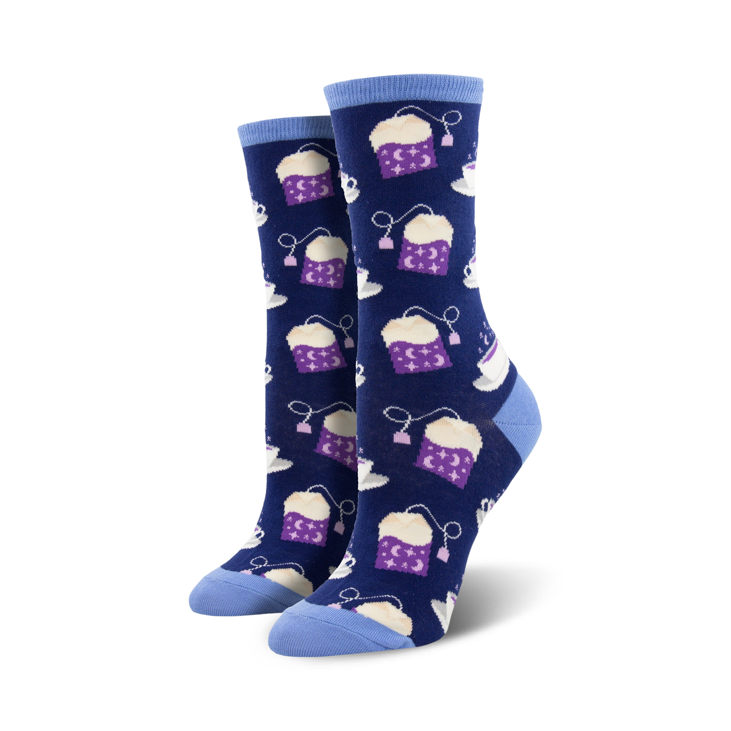 Pair of women's crew socks. Navy blue background with purple tea bags and cups. Stars and moon details on tea bags.