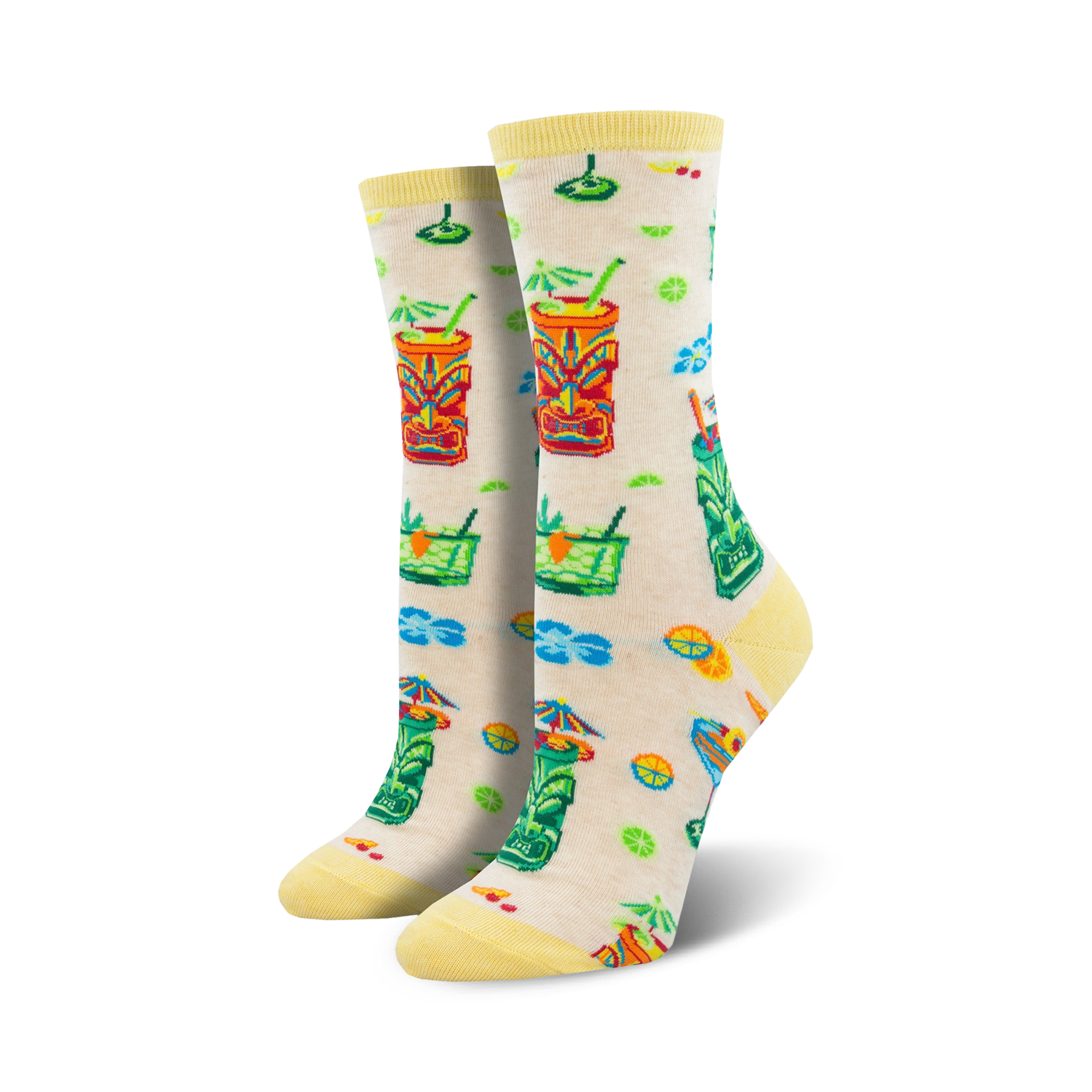 Cream crew socks with colorful tiki drinks, mugs, and tropical fruits.  A fun, whimsical design perfect for everyday wear.