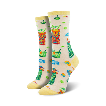  white crew socks with colorful tiki drinks surrounded by tropical leaves and flowers.  