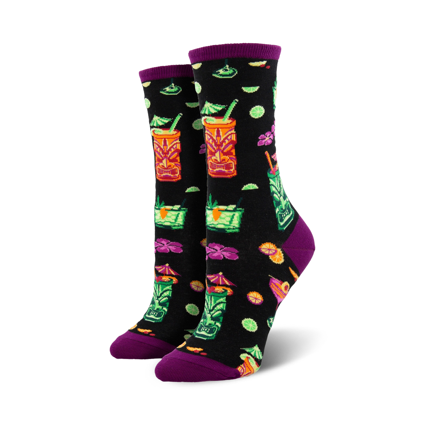 Close-up of black crew socks featuring the same tiki drink design, but on a black background. Purple cuff detail.