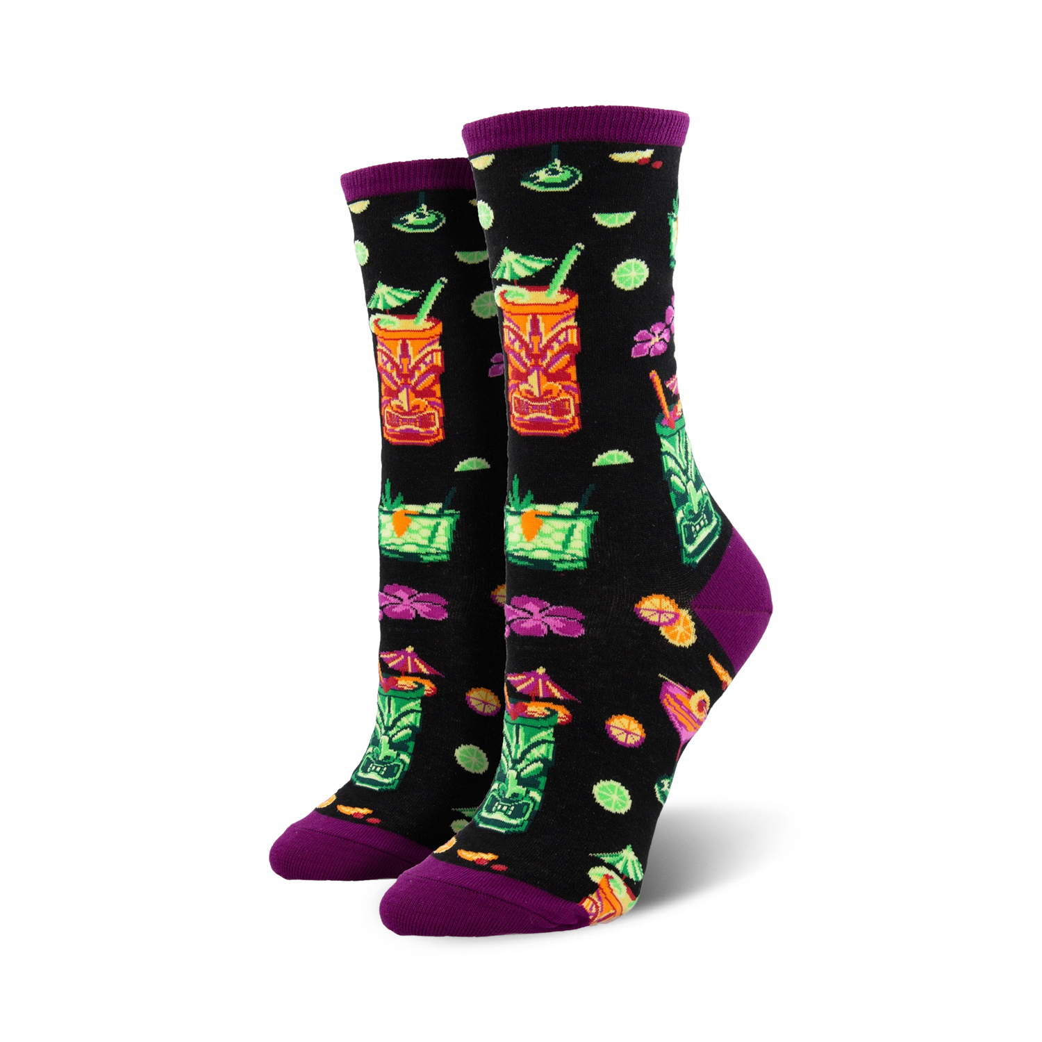 Close-up of black crew socks featuring the same tiki drink design, but on a black background. Purple cuff detail.