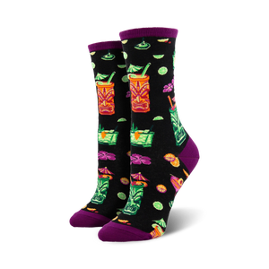 black women's crew socks with tiki drinks pattern, featuring orange slices, cherries, flowers, and umbrellas.  