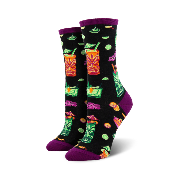 black women's crew socks with tiki drinks pattern, featuring orange slices, cherries, flowers, and umbrellas.  