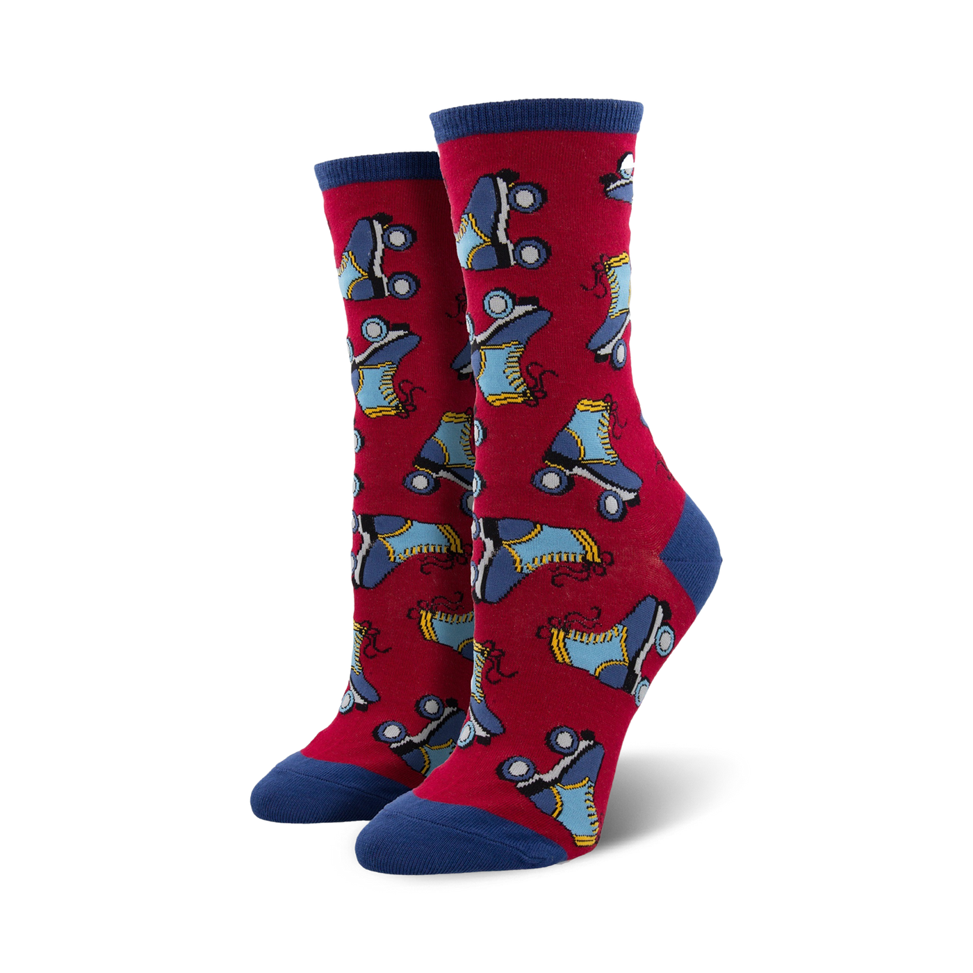 Pair of women's crew socks. Red background with blue roller skates.  Blue and white cuffs.