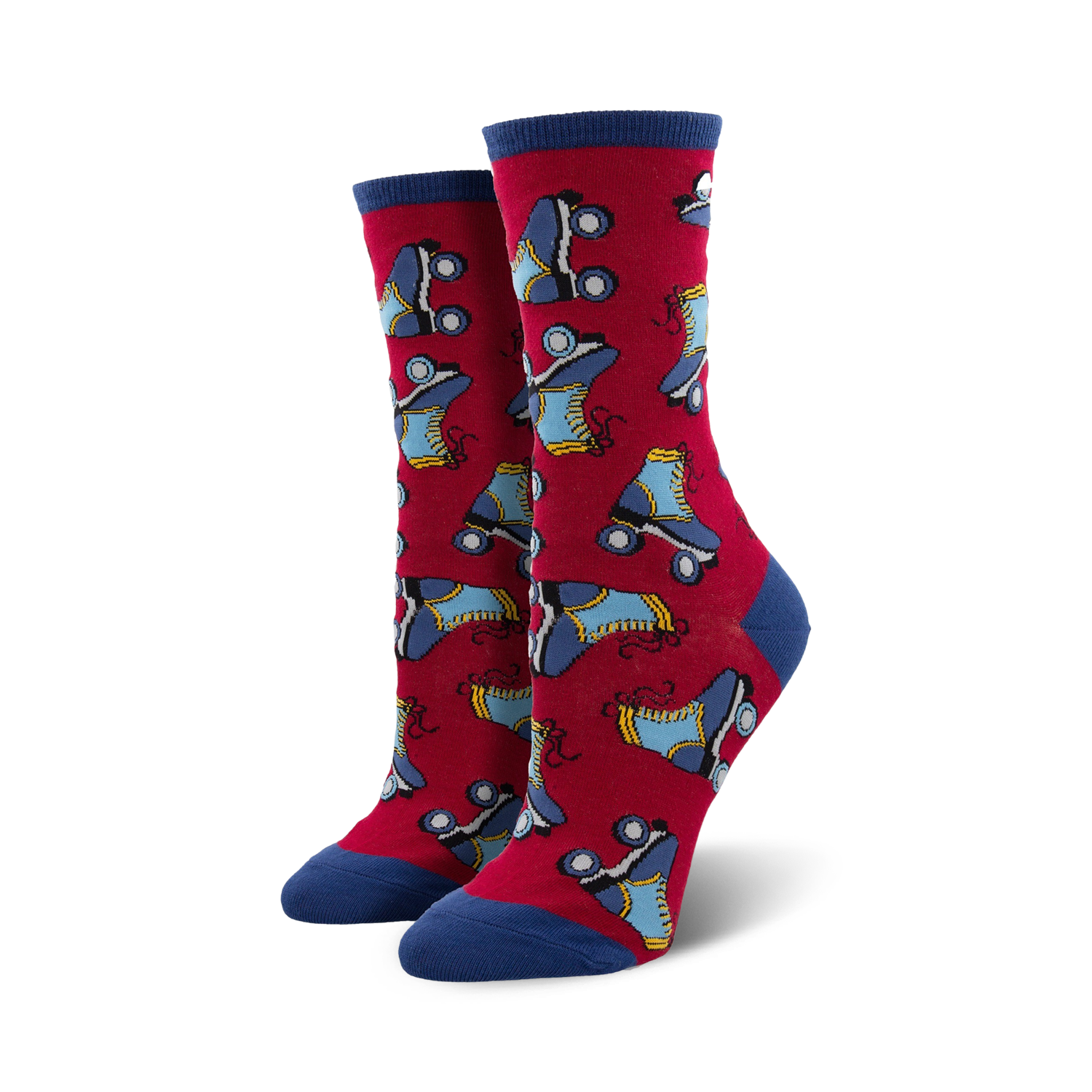 Pair of women's crew socks. Red background with blue roller skates.  Blue and white cuffs.