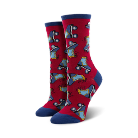 red crew womens socks with blue and yellow roller skate design  