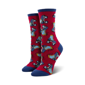 red crew womens socks with blue and yellow roller skate design  