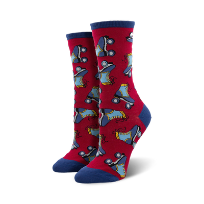 red crew womens socks with blue and yellow roller skate design  