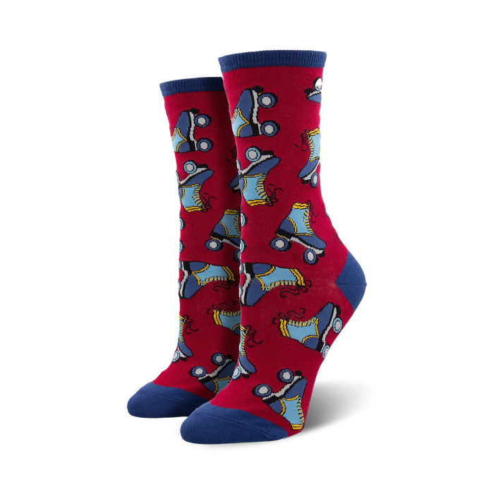 red crew womens socks with blue and yellow roller skate design  