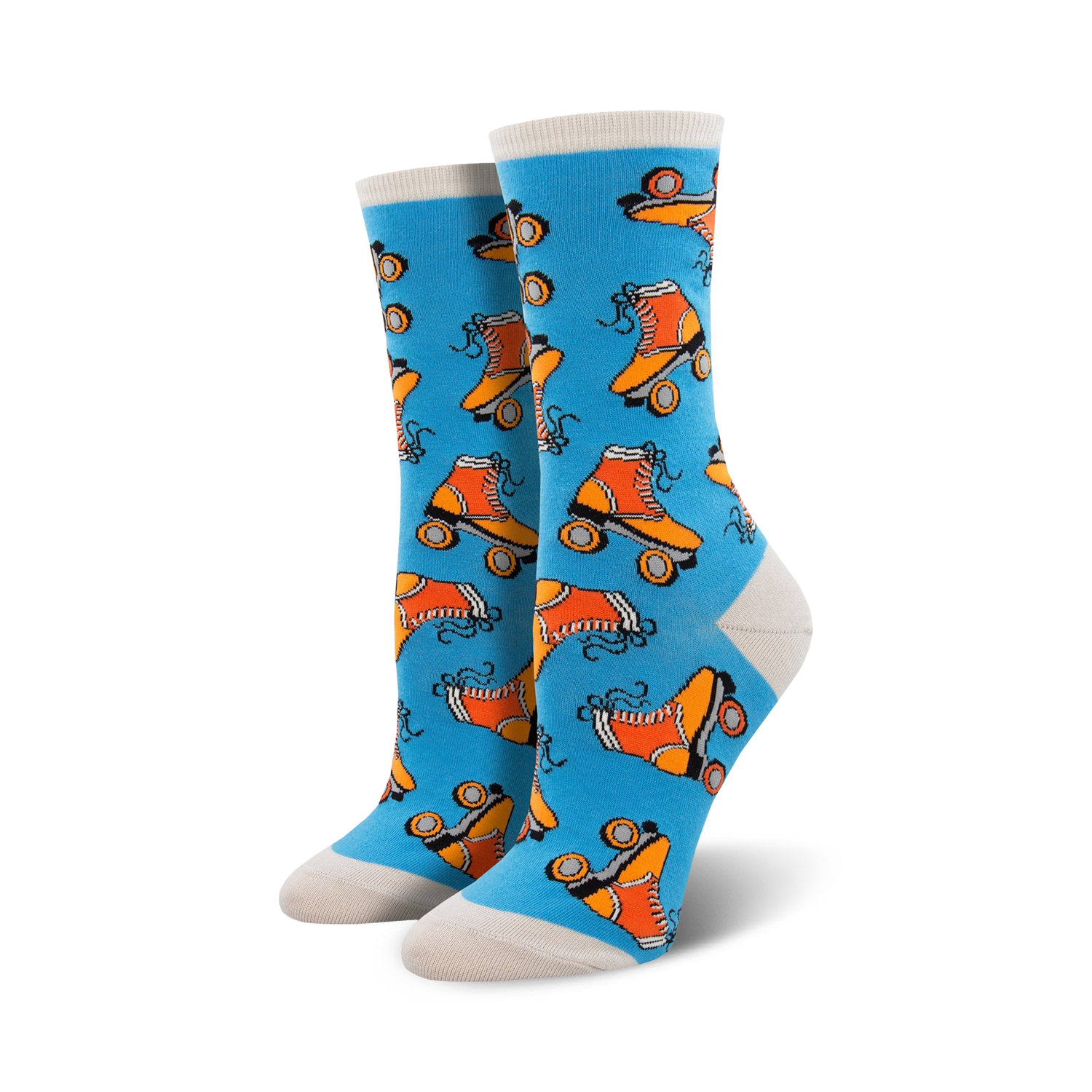 Lifestyle shot showing the teal and orange Free Skate socks on a model's feet.