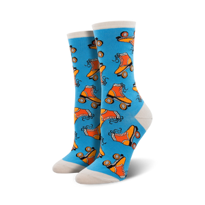 blue crew socks with a pattern of inline skates   