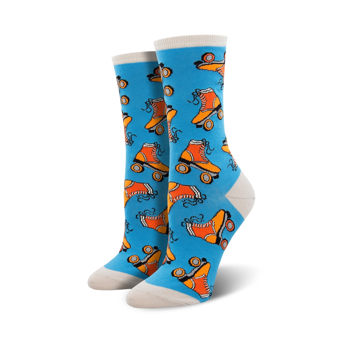 blue crew socks with a pattern of inline skates   