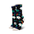 A pair of women's crew socks in black with a whimsical design of white water lilies, green lily pads, and orange koi fish.