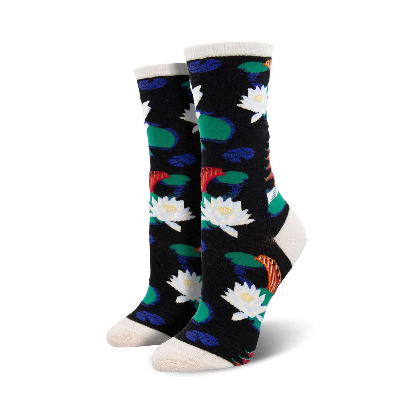 A pair of women's crew socks in black with a whimsical design of white water lilies, green lily pads, and orange koi fish.