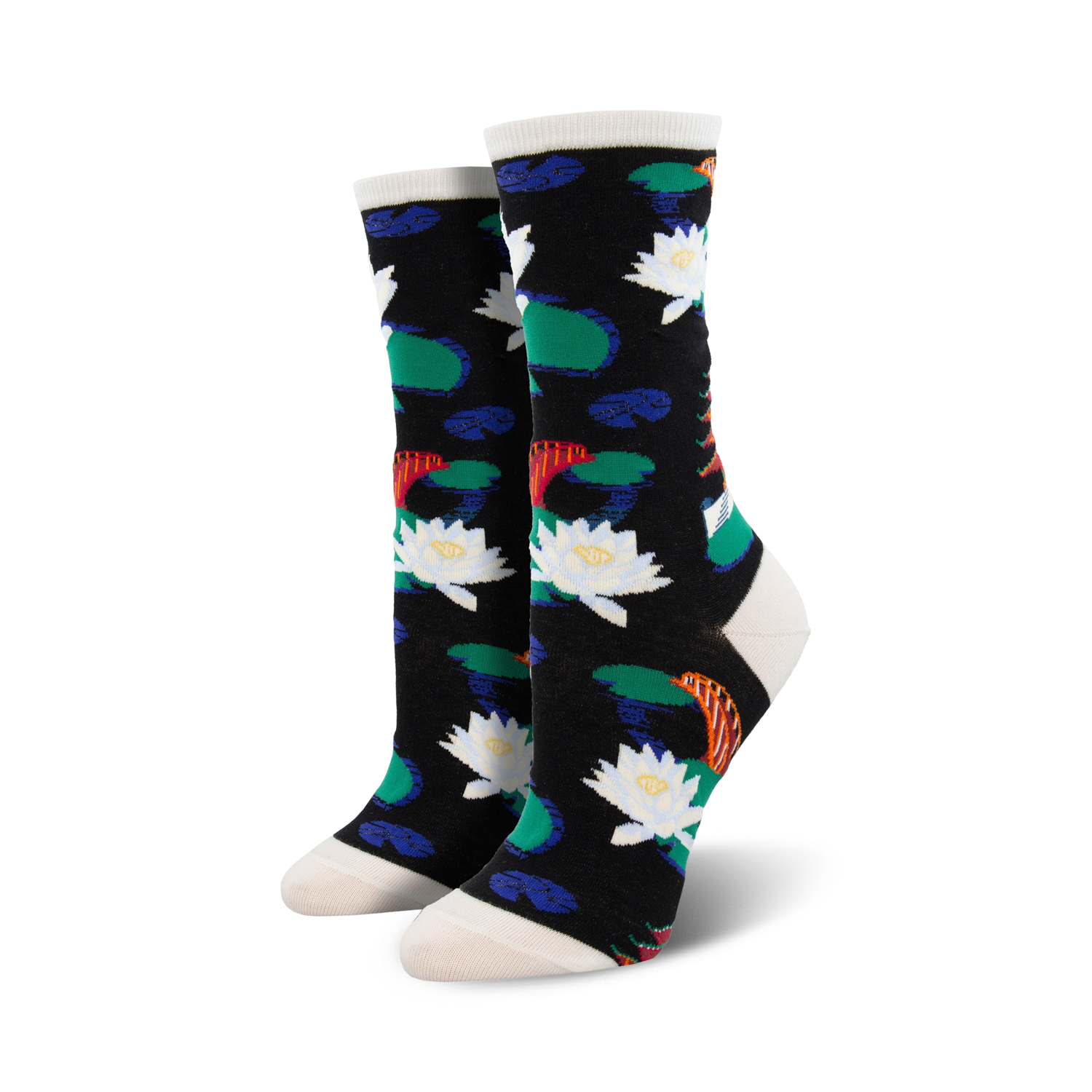 A pair of women's crew socks in black with a whimsical design of white water lilies, green lily pads, and orange koi fish.