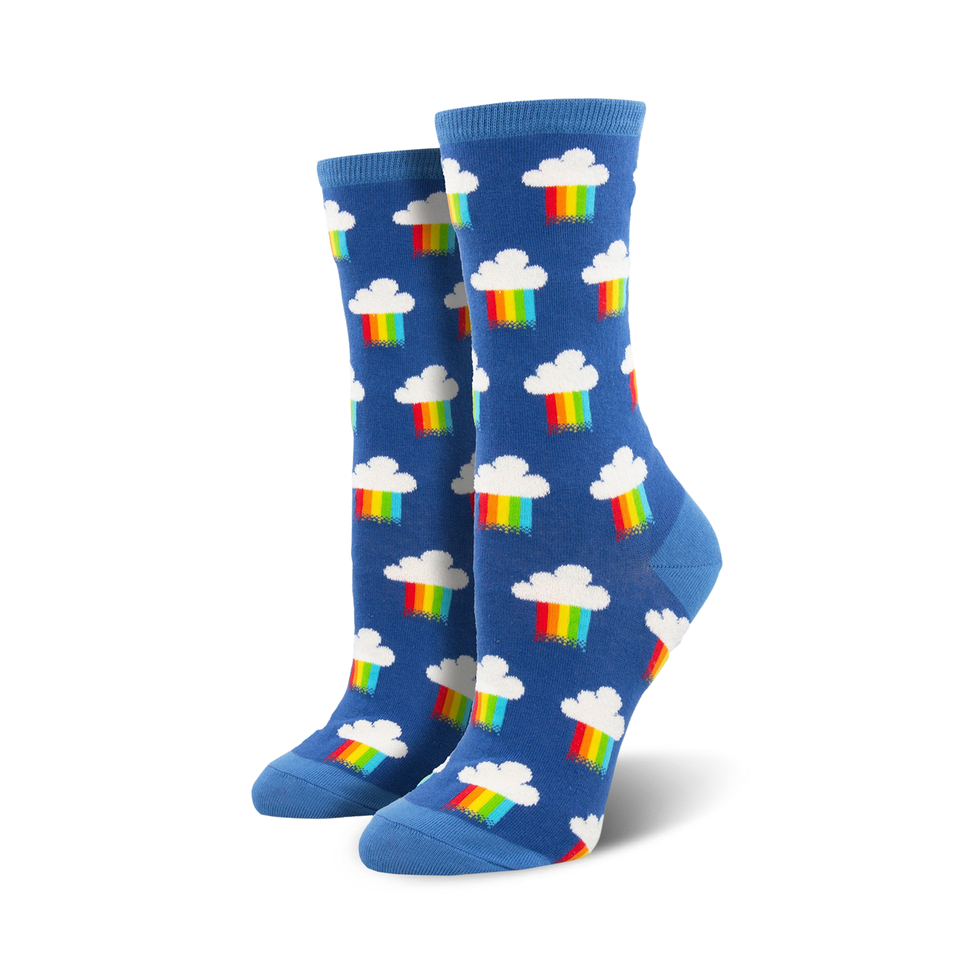 Pair of crew socks, blue with white clouds and rainbow designs. Fun and colorful.