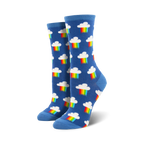 Pair of crew socks, blue with white clouds and rainbow designs. Fun and colorful.