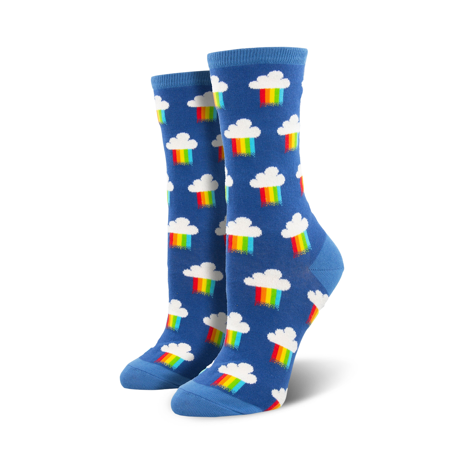 Pair of crew socks, blue with white clouds and rainbow designs. Fun and colorful.