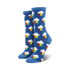blue crew socks with cartoonish white clouds and rainbow pattern.   