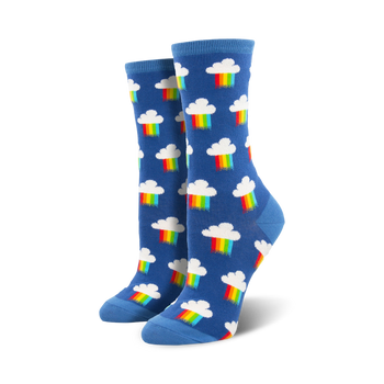 blue crew socks with cartoonish white clouds and rainbow pattern.   