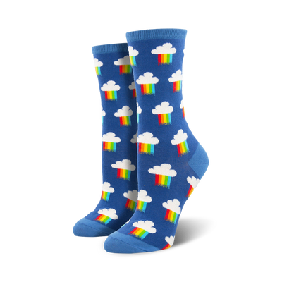 blue crew socks with cartoonish white clouds and rainbow pattern.   