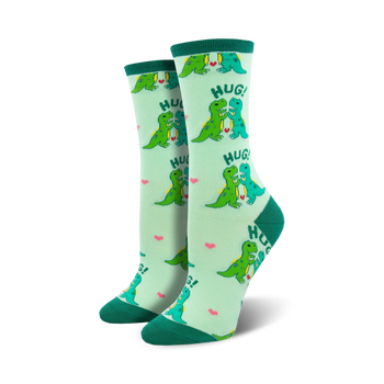 hugs dinosaur themed womens green novelty crew socks