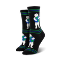 Pair of black crew socks with green and blue stripes and repeating image of a polar bear hugging a globe. 