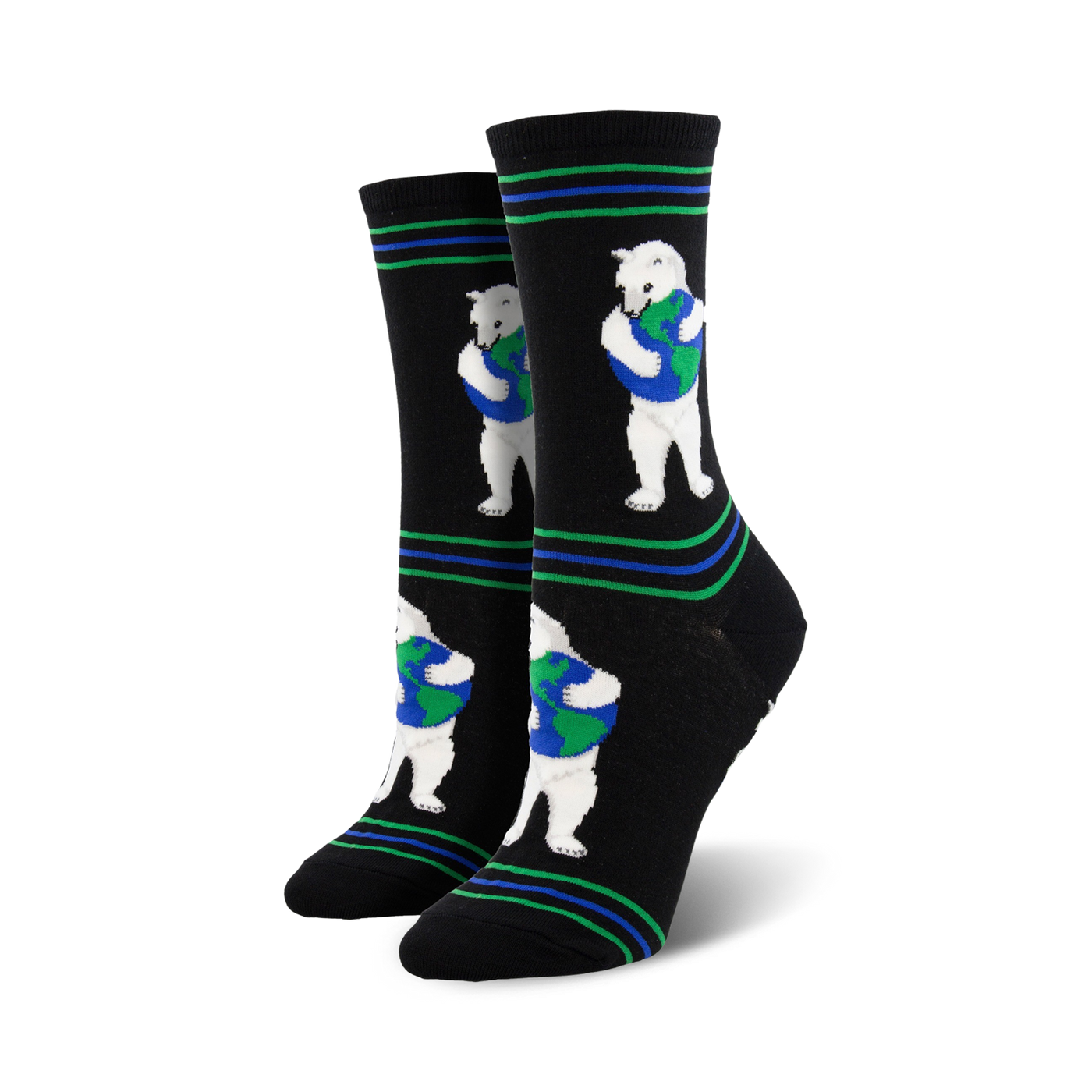 Pair of black crew socks with green and blue stripes and repeating image of a polar bear hugging a globe. 