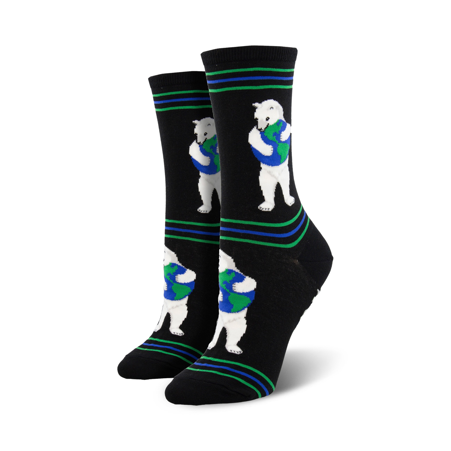 Pair of black crew socks with green and blue stripes and repeating image of a polar bear hugging a globe. 