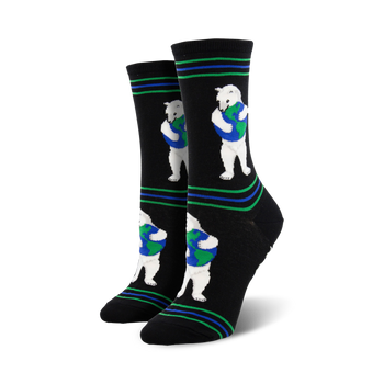 black crew socks with white polar bears hugging earth pattern and blue and green stripes at top and toes and heels.   