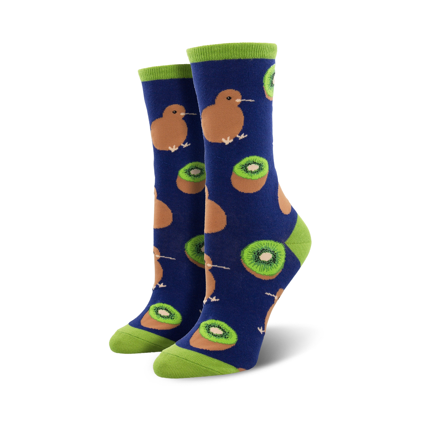 A pair of women's crew socks in navy blue, lime green, brown, and green.  The socks feature a whimsical pattern of kiwis and kiwi fruit slices.