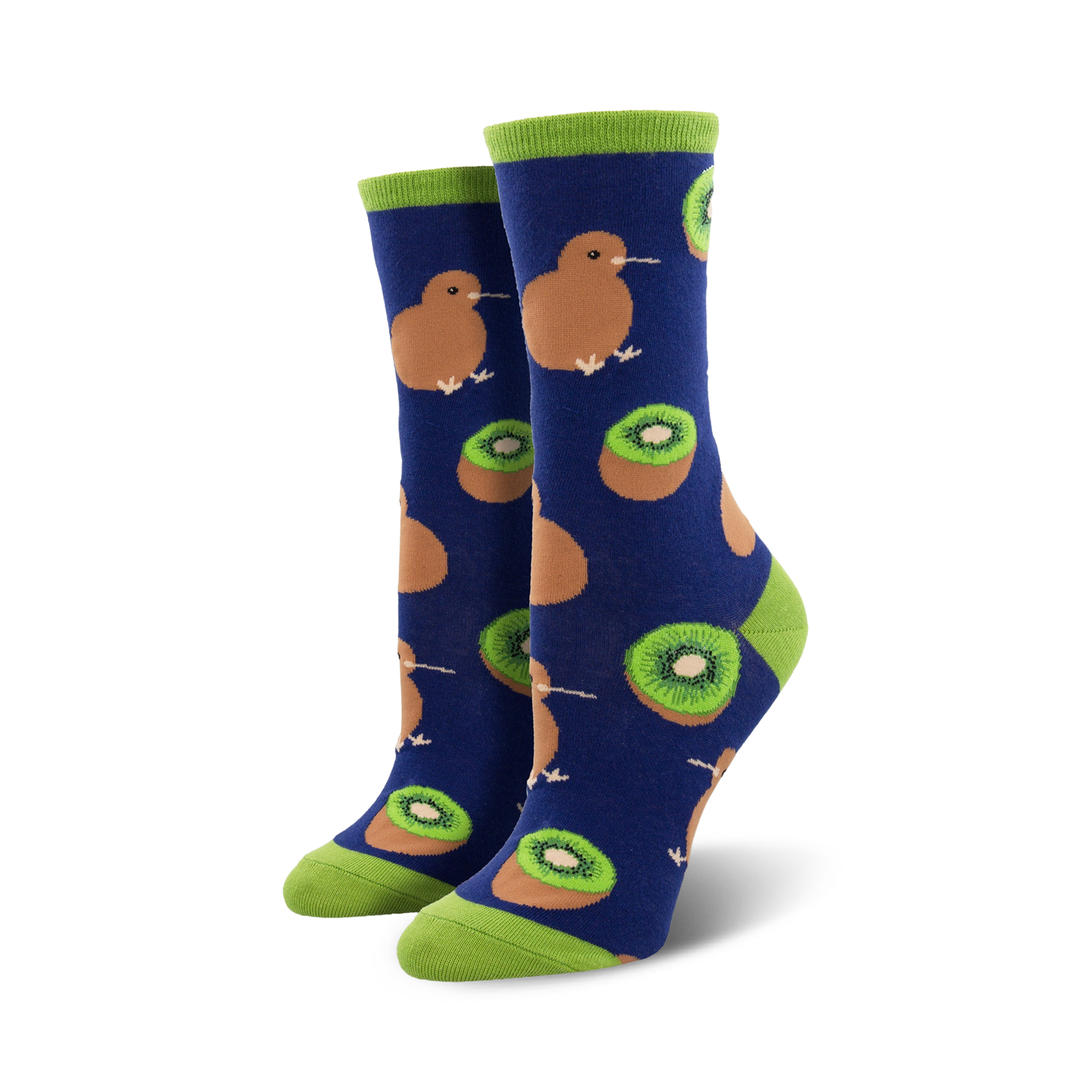 A pair of women's crew socks in navy blue, lime green, brown, and green.  The socks feature a whimsical pattern of kiwis and kiwi fruit slices.