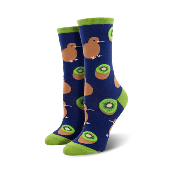 womens crew socks featuring a pattern of brown kiwi birds standing on green kiwi fruit on a blue background. theme: kiwi.  