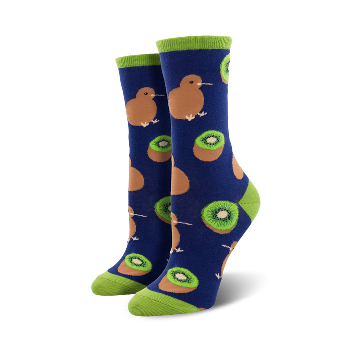 womens crew socks featuring a pattern of brown kiwi birds standing on green kiwi fruit on a blue background. theme: kiwi.   }}