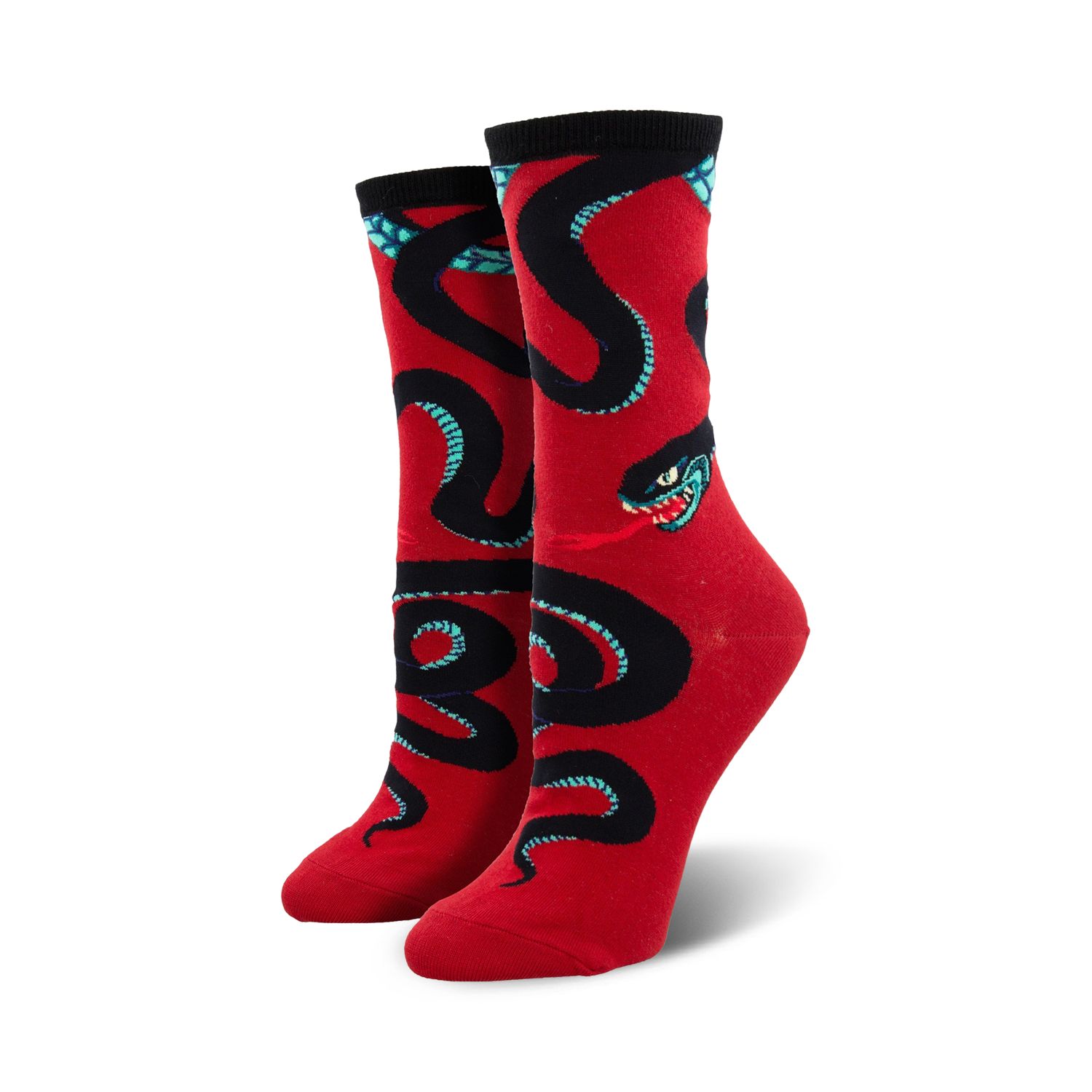 A pair of women's crew socks in red, adorned with a bold black and teal snake design. The snake is depicted in a coiled pattern.