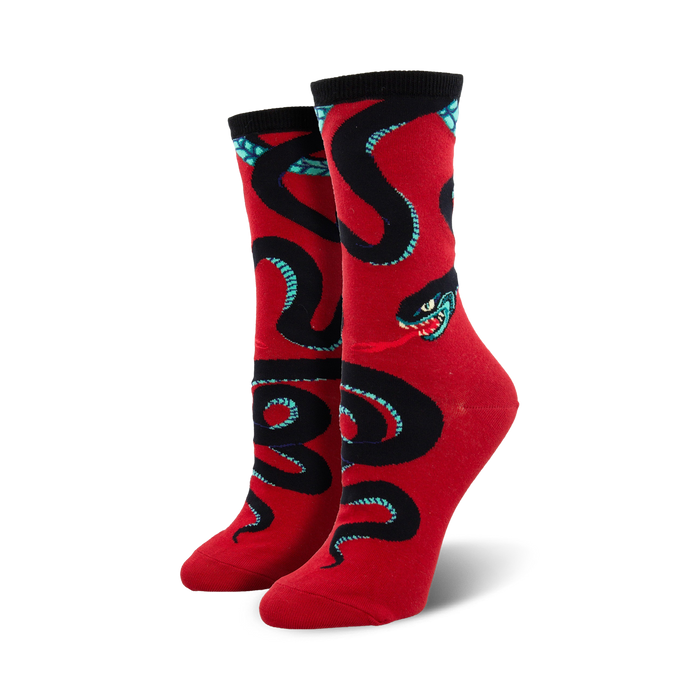 crew length socks with a pattern of black snakes with blue and green details on a red background for women.   }}