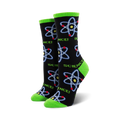 A pair of black crew socks with colorful atom designs and the word 'SCIENCE!'  Lime green accents at the cuffs add a pop of color.