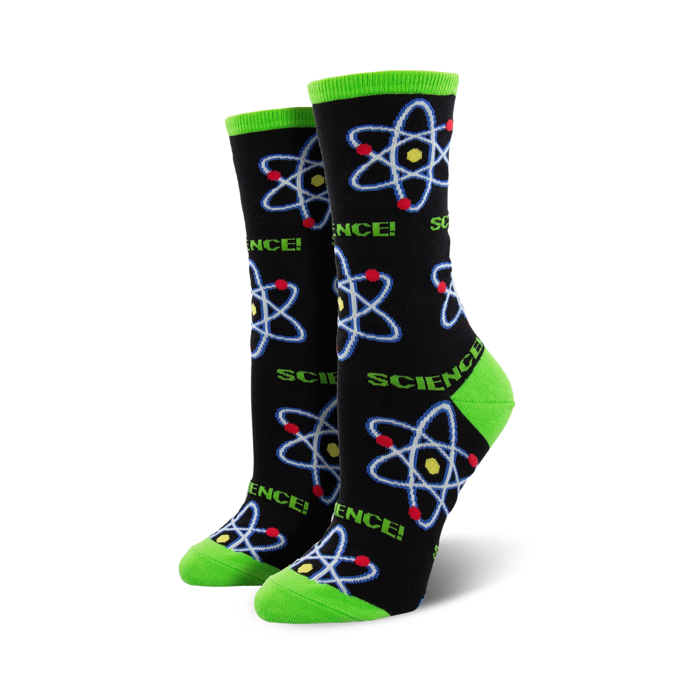 A pair of black crew socks with colorful atom designs and the word 'SCIENCE!'  Lime green accents at the cuffs add a pop of color.
