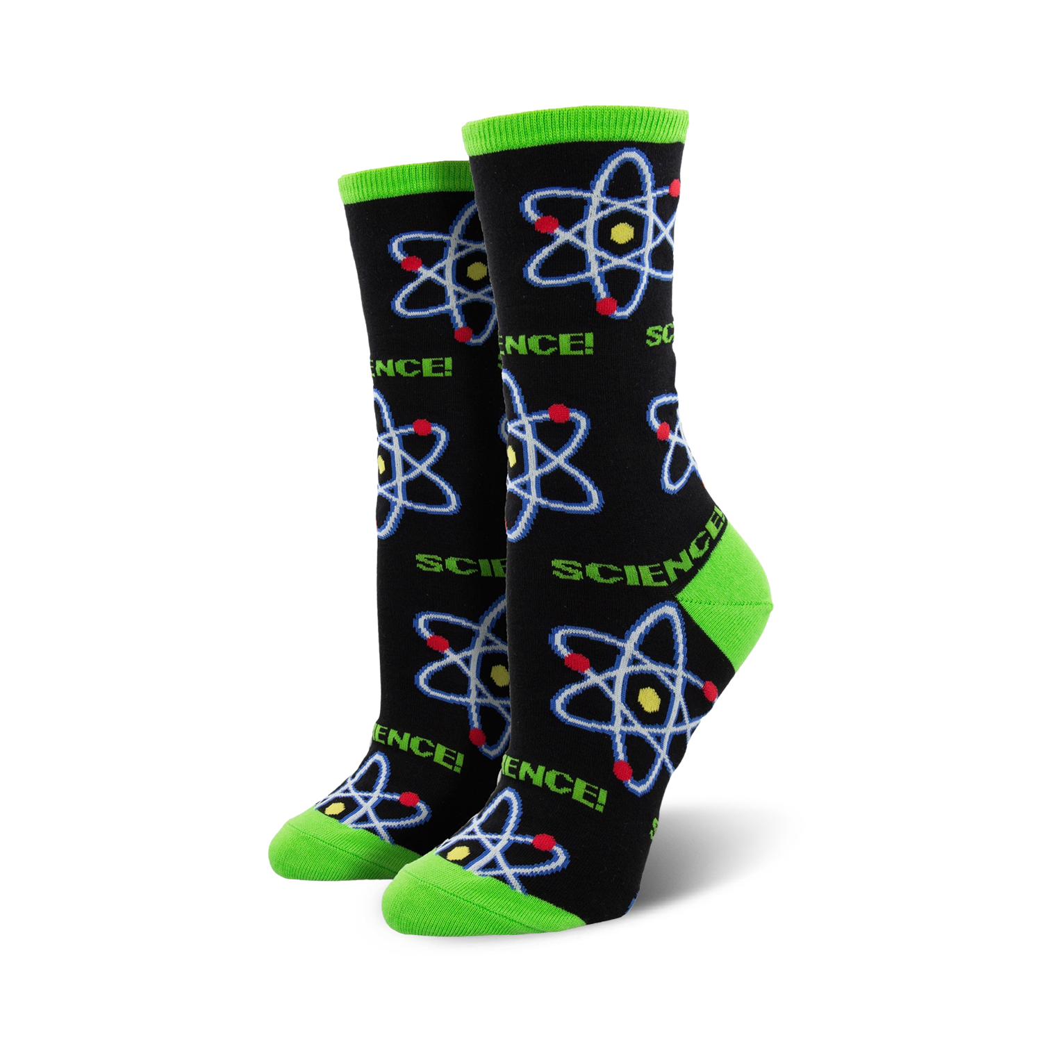 A pair of black crew socks with colorful atom designs and the word 'SCIENCE!'  Lime green accents at the cuffs add a pop of color.