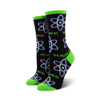 black crew socks featuring a pattern of atoms with "science" written on their nuclei. three red electron rings and two blue electron rings complete the design.  