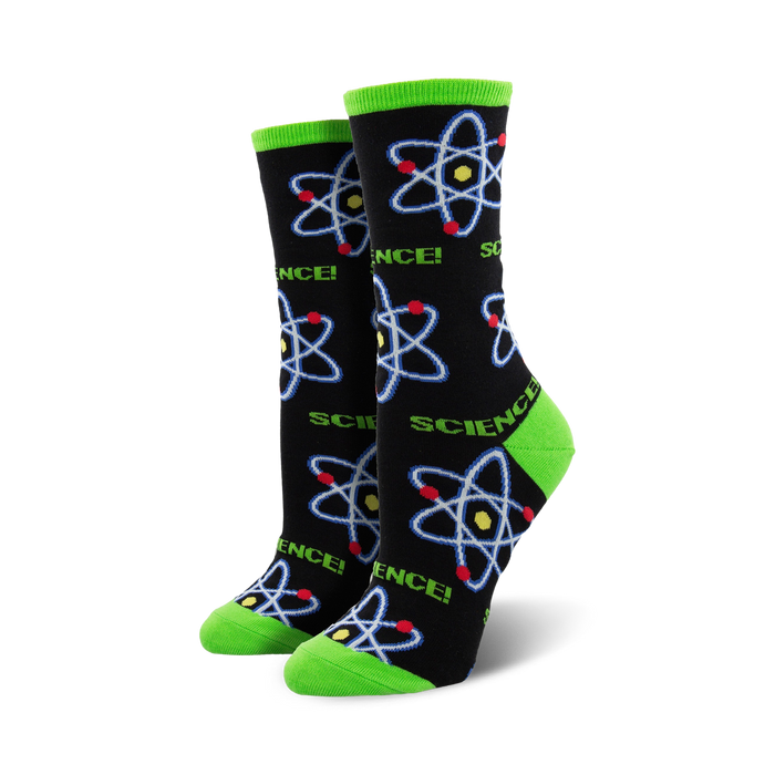 black crew socks featuring a pattern of atoms with 