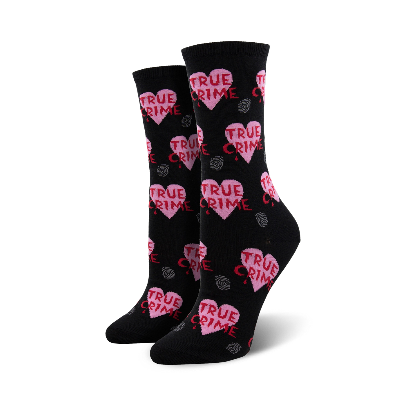 Pair of black crew socks featuring a repeating pattern of pink hearts with 'TRUE CRIME' text and gray fingerprints.