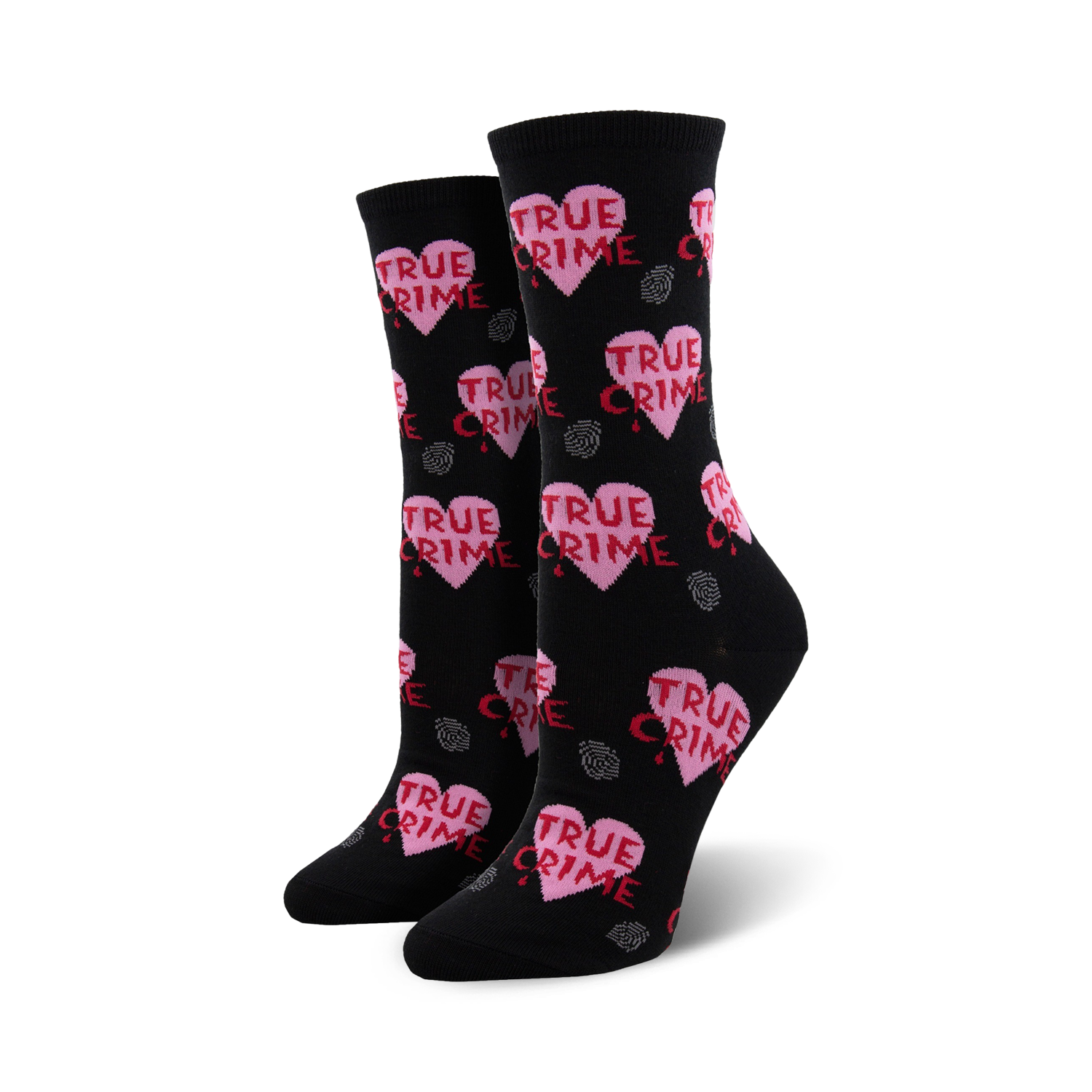 Pair of black crew socks featuring a repeating pattern of pink hearts with 'TRUE CRIME' text and gray fingerprints.