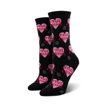 black crew socks feature pink hearts and red fingerprint outlines.      