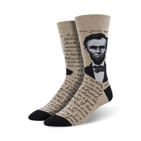 light tan crew socks with portrait of abraham lincoln and gettysburg address quote  
