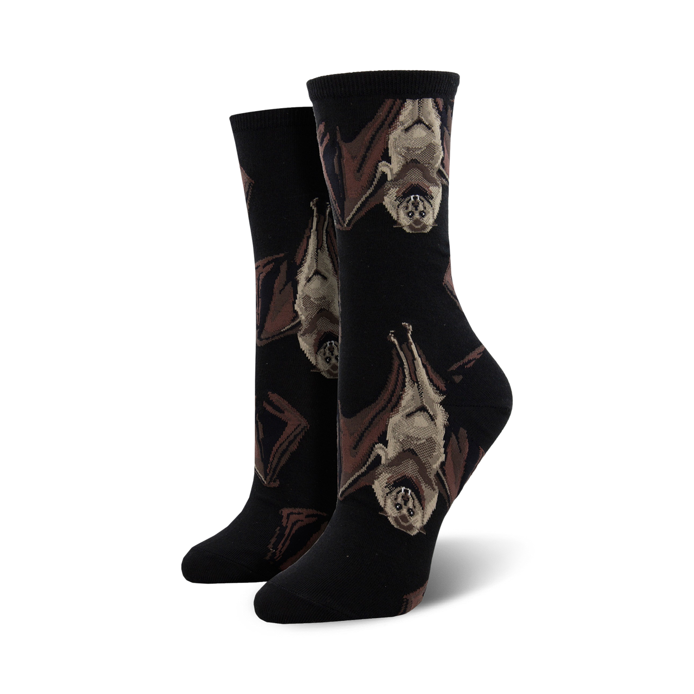Pair of black crew socks with a repeating pattern of upside-down brown and beige bats. 