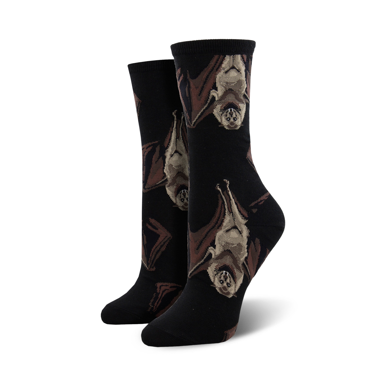Pair of black crew socks with a repeating pattern of upside-down brown and beige bats. 